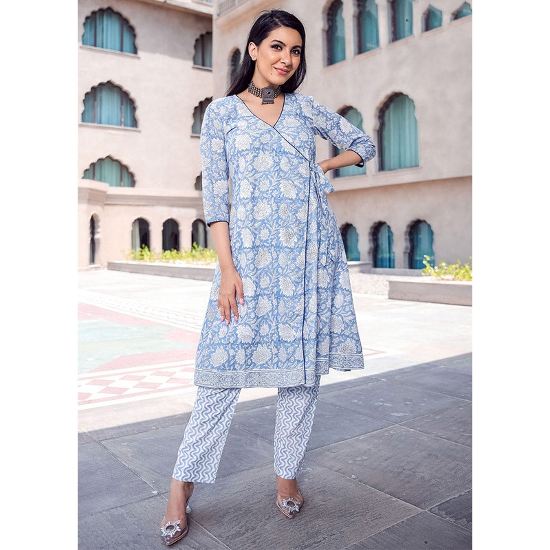 2 Pc Blue Readymade Silk Kurti Set - JD986588454