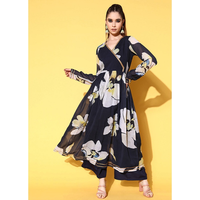 2 Pc Navy Blue Readymade Georgette Kurti Set - JD986588456