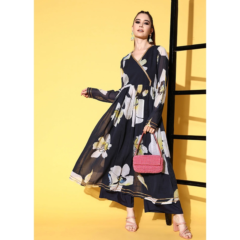 2 Pc Navy Blue Readymade Georgette Kurti Set - JD986588457