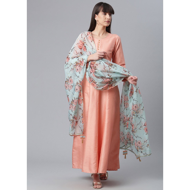 2 Pc Peach Silk Angrakha Style Kurti With Dupatta - JD986588433