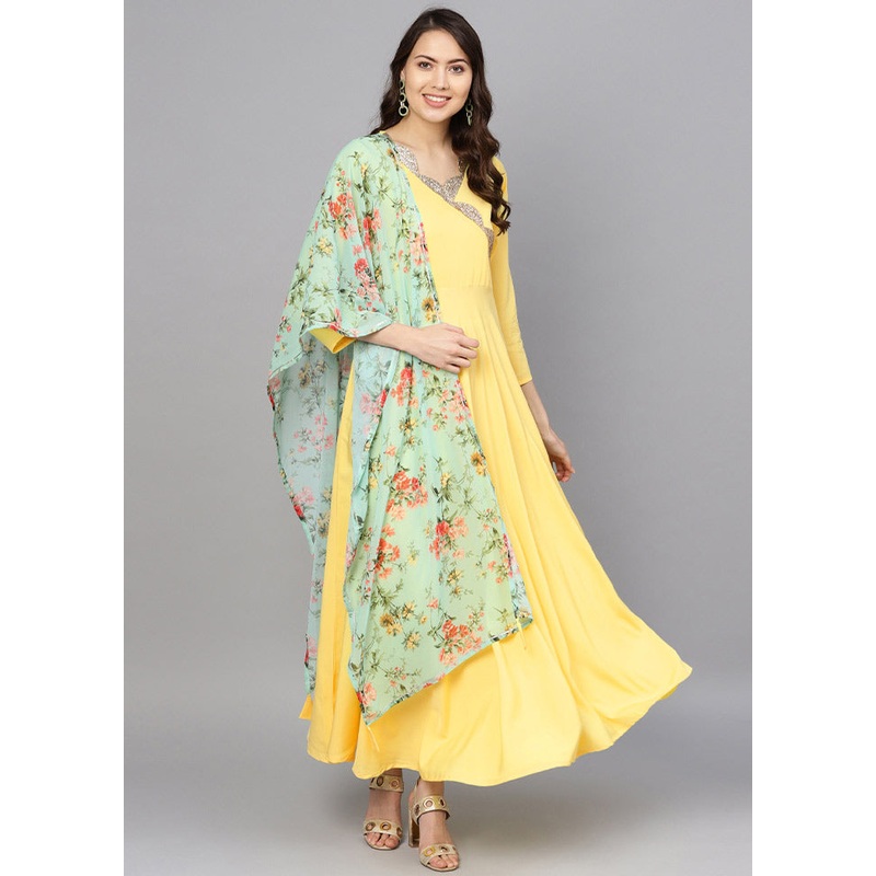2 Pc Yellow Georgette Angrakha Style Kurti With Dupatta - JD986588434