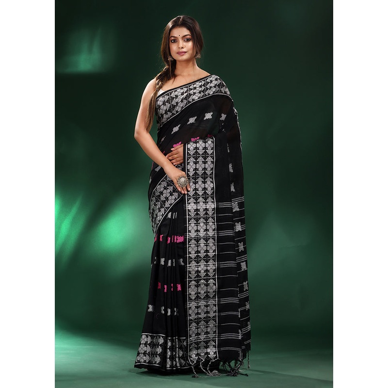 Black Cotton Saree With Blouse Piece - JD986588346