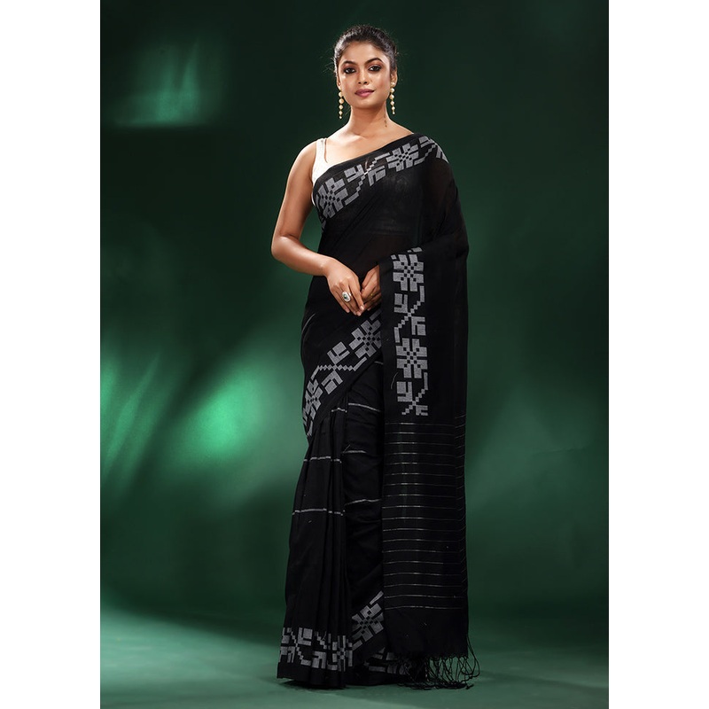 Black Cotton Saree With Blouse Piece - JD986588347