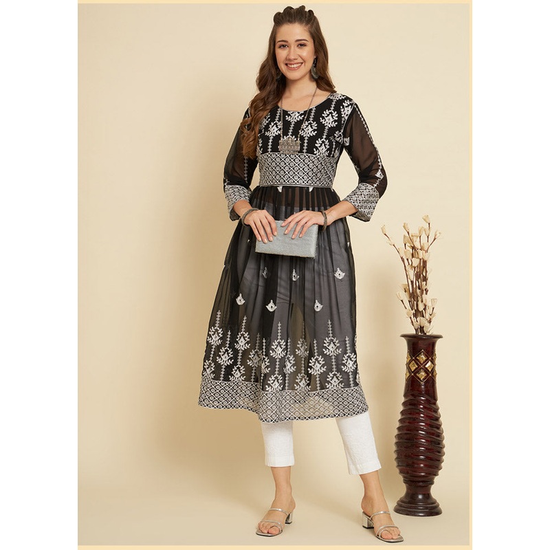 Black Georgette Chikankari Long Kurti - JD986588430