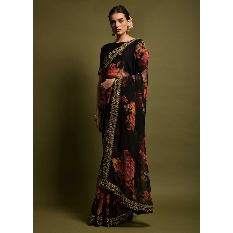 Black Georgette Saree With Blouse Piece - JD986588340