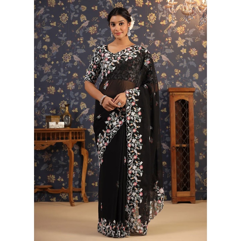 Black Georgette Saree With Blouse Piece - JD986588341