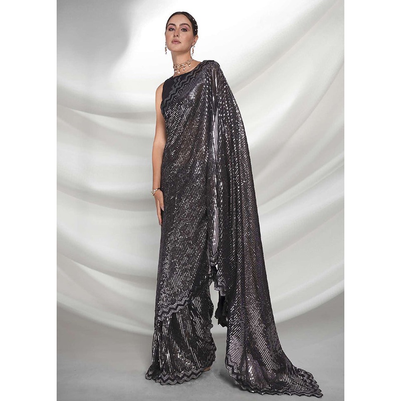 Black Georgette Saree With Blouse Piece - JD986588343