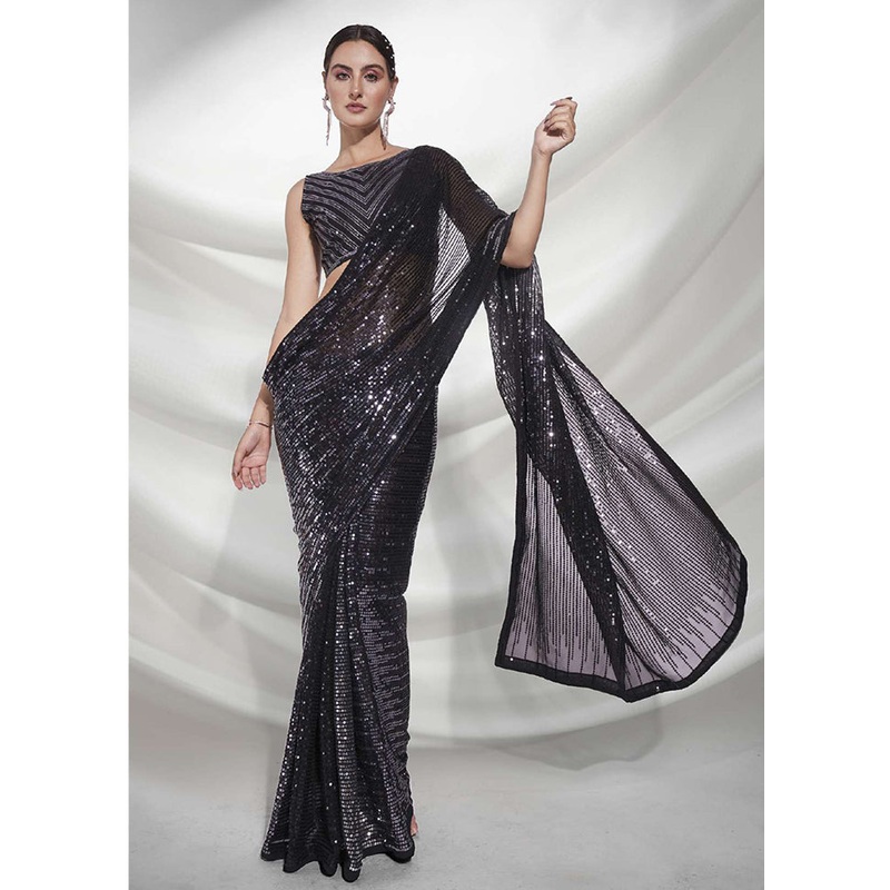 Black Georgette Saree With Blouse Piece - JD986588344
