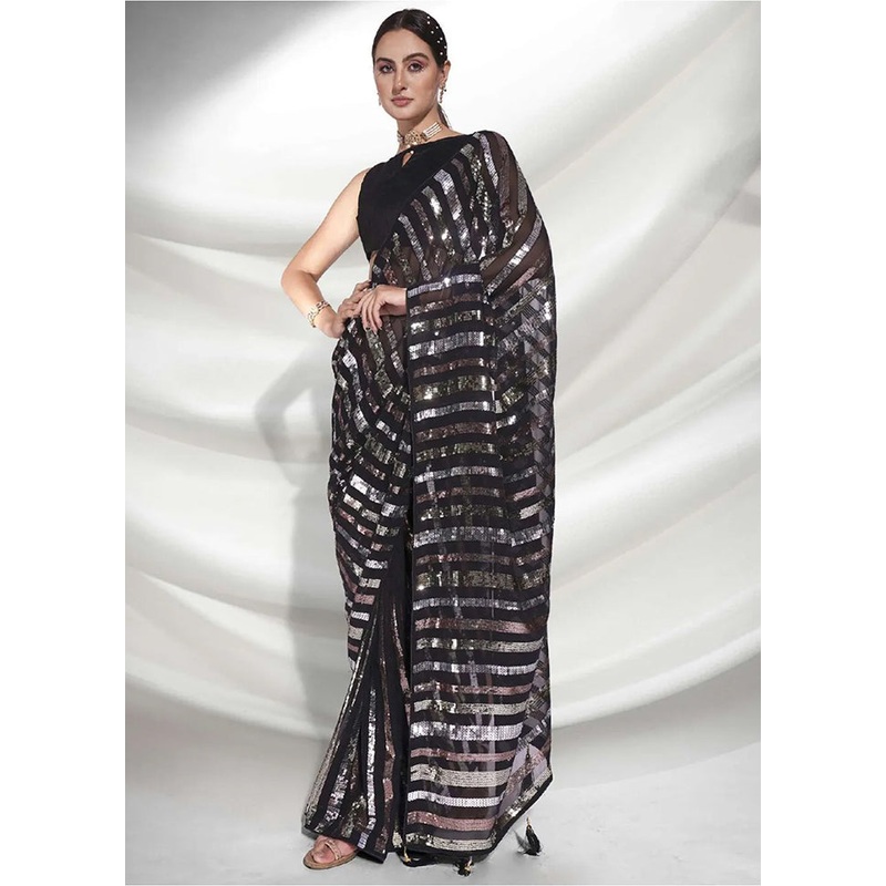 Black Georgette Saree With Blouse Piece - JD986588345