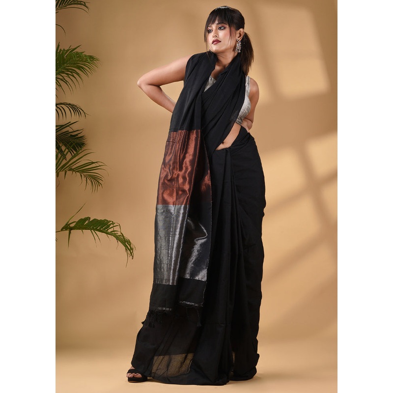 Black Pure Cotton Saree With Blouse Piece - JD986588338