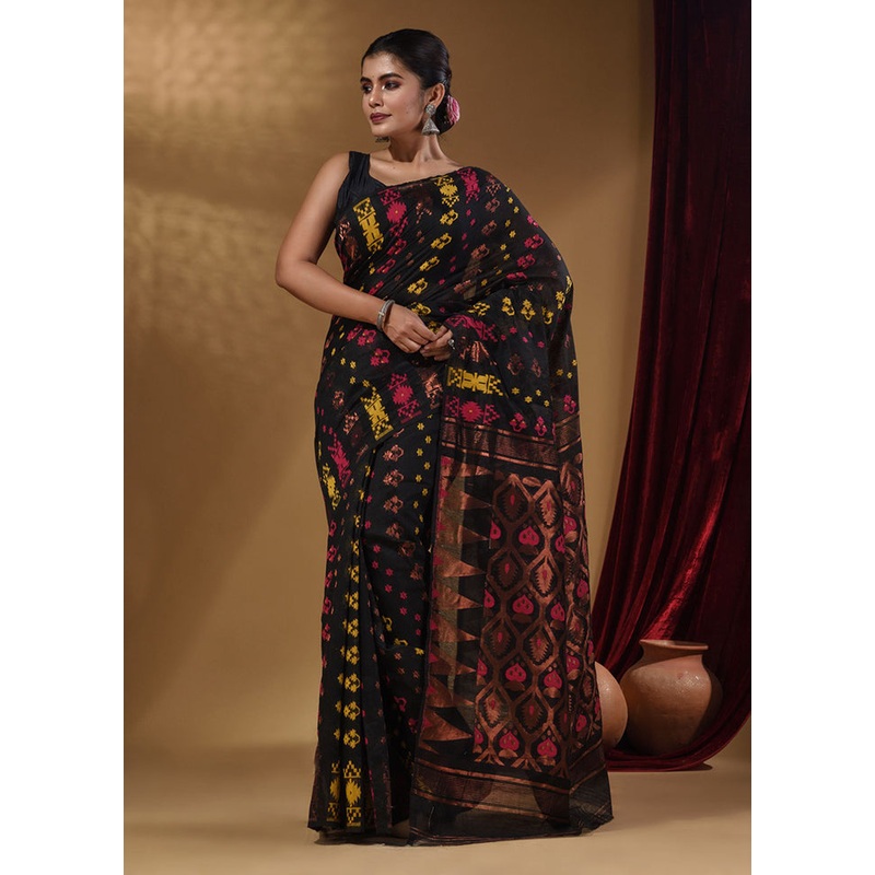 Black Tant Jamdani Saree With Blouse Piece - JD986588336