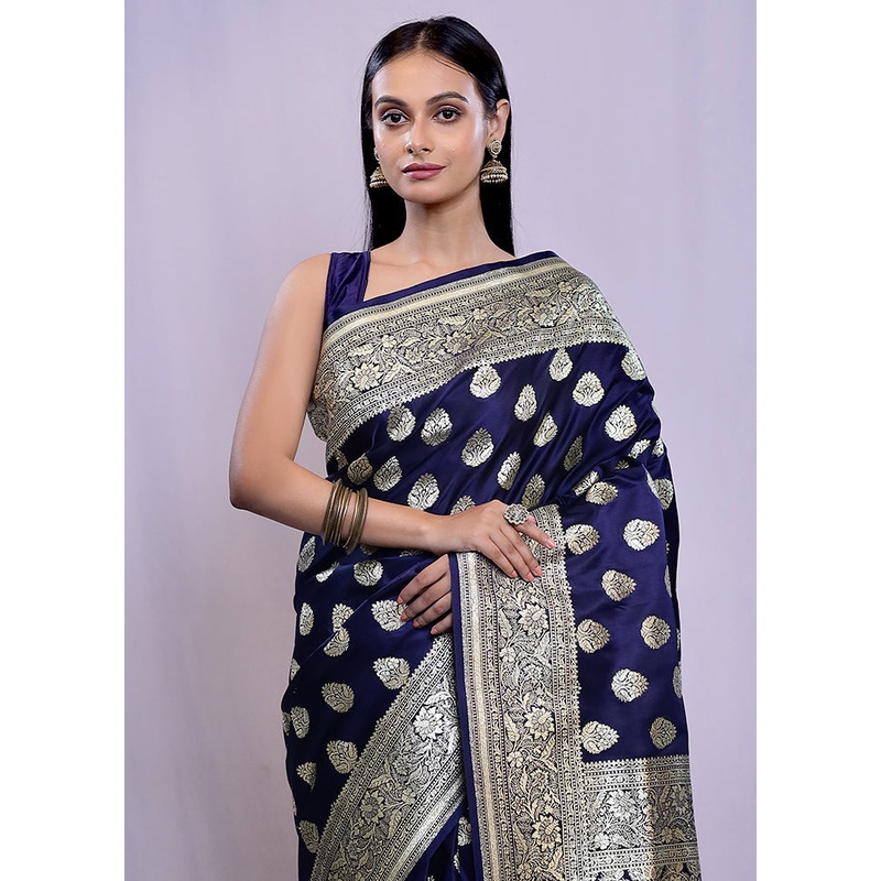 Blue Banarasi Silk Saree With Blouse Piece - JD986588406