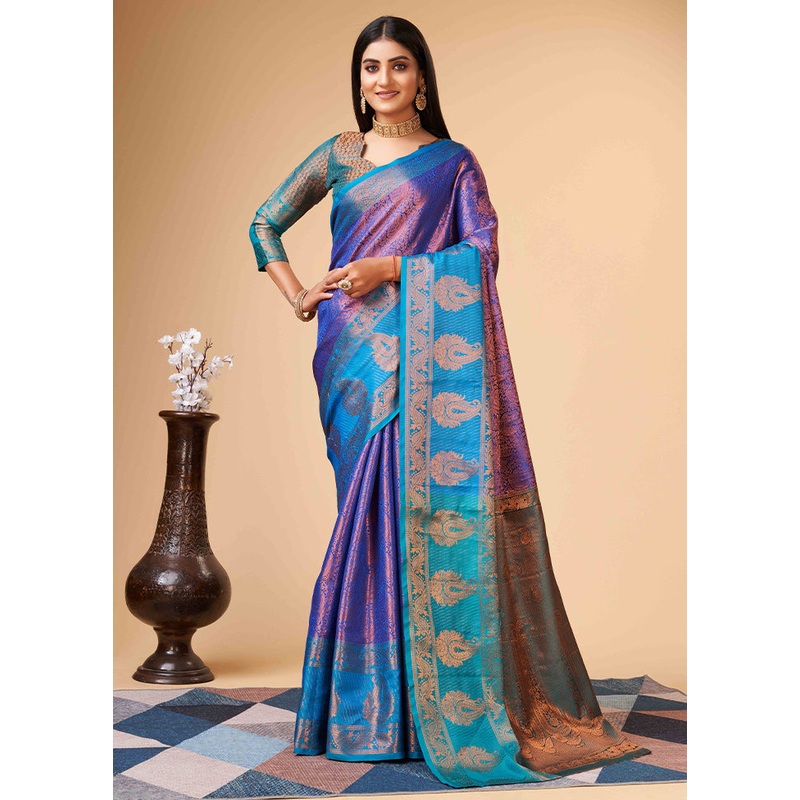 Blue Dupion Silk Saree With Blouse Piece - JD986588334