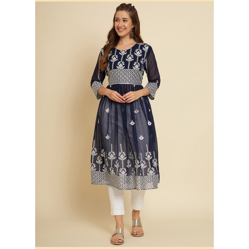 Blue Georgette Chikankari Long Kurti - JD986588426