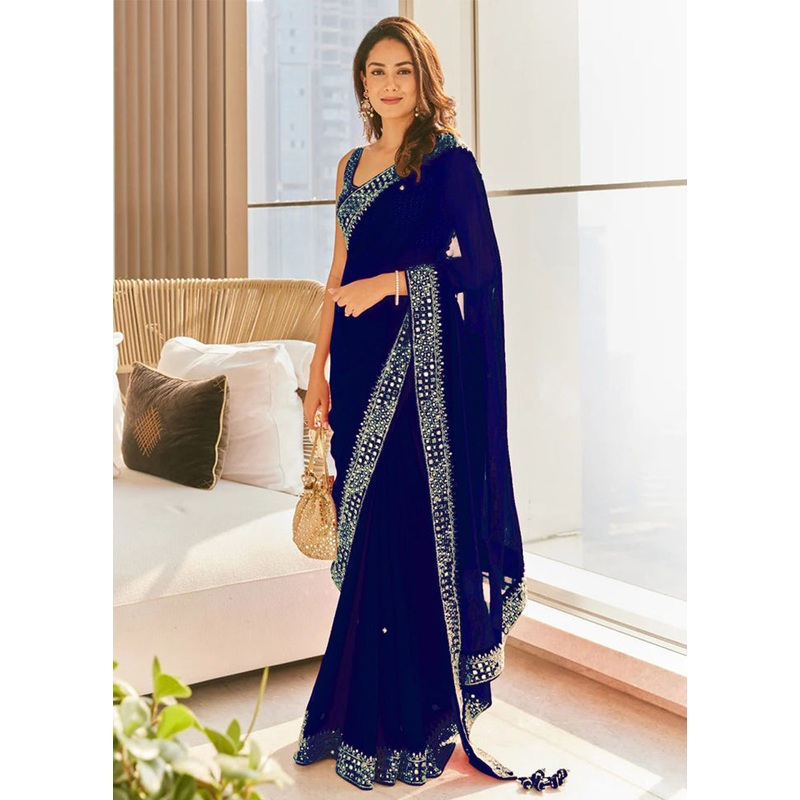 Blue Georgette Saree With Blouse Piece - JD986588330