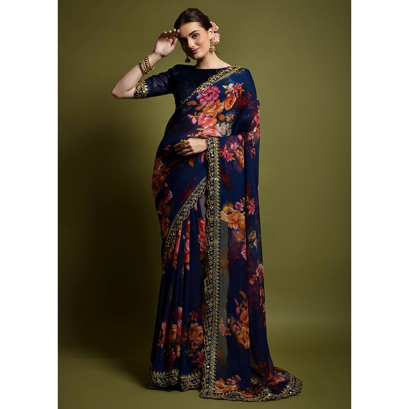 Blue Georgette Saree With Blouse Piece - JD986588332