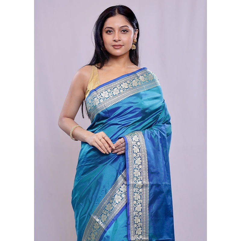 Blue Katan Pure Silk Saree With Blouse Piece - JD986588389