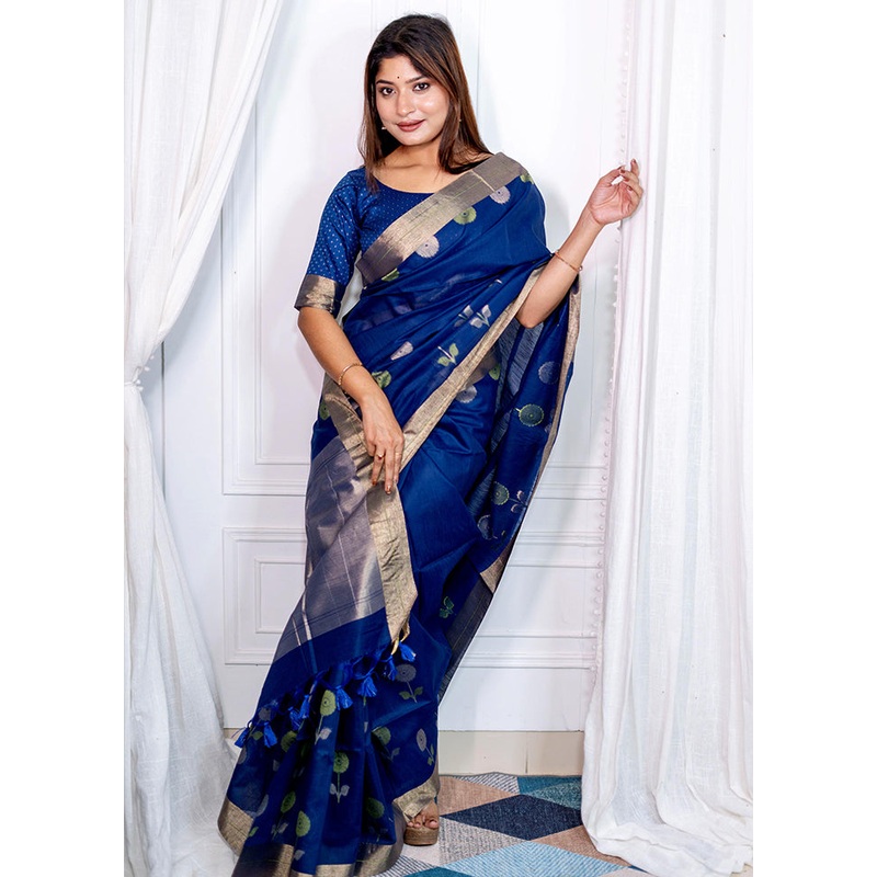 Blue Silk Saree With Blouse Piece - JD986588329