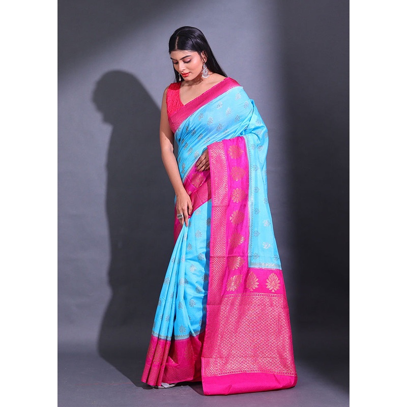 Blue Spun Silk Saree With Blouse Piece - JD986588328