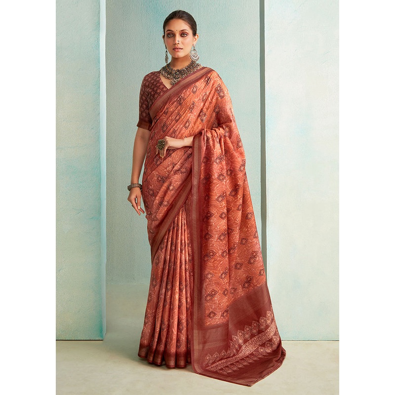 Brown Dupion Silk Saree With Blouse Piece - JD986588326