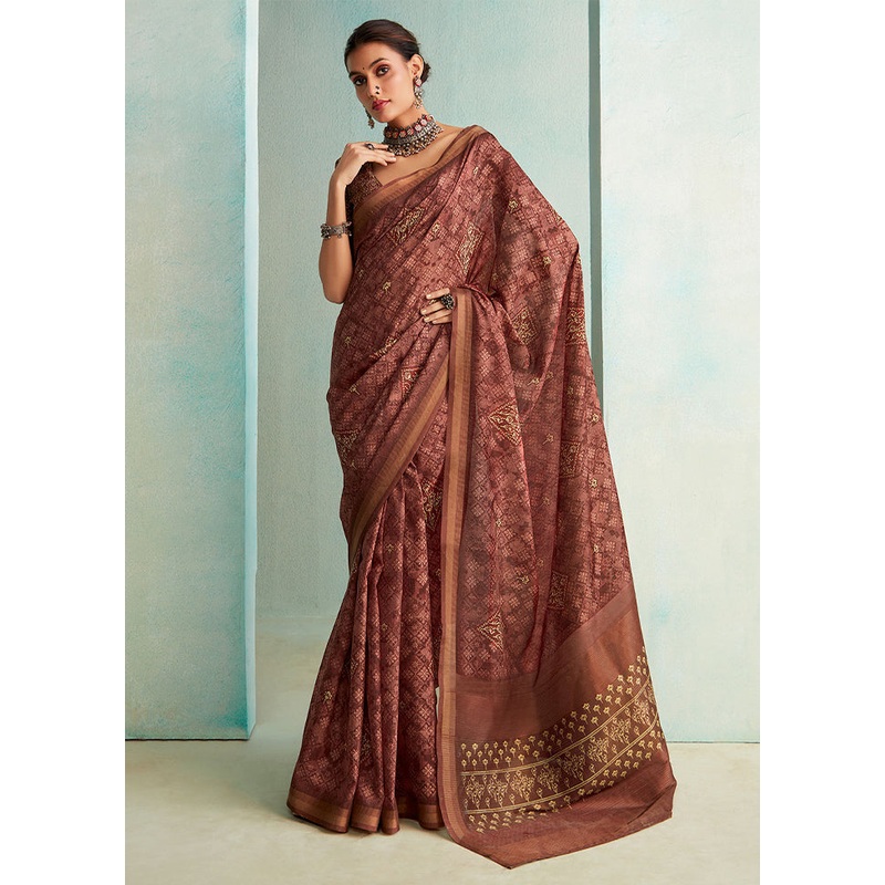 Brown Dupion Silk Saree With Blouse Piece - JD986588327