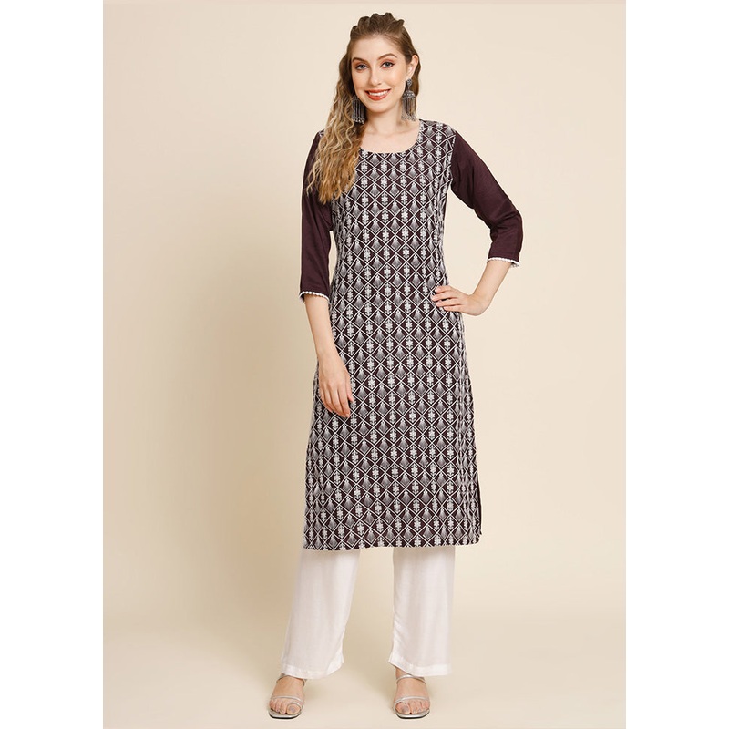 Brown Readymade Georgette Chikankari Long Kurti - JD986588421