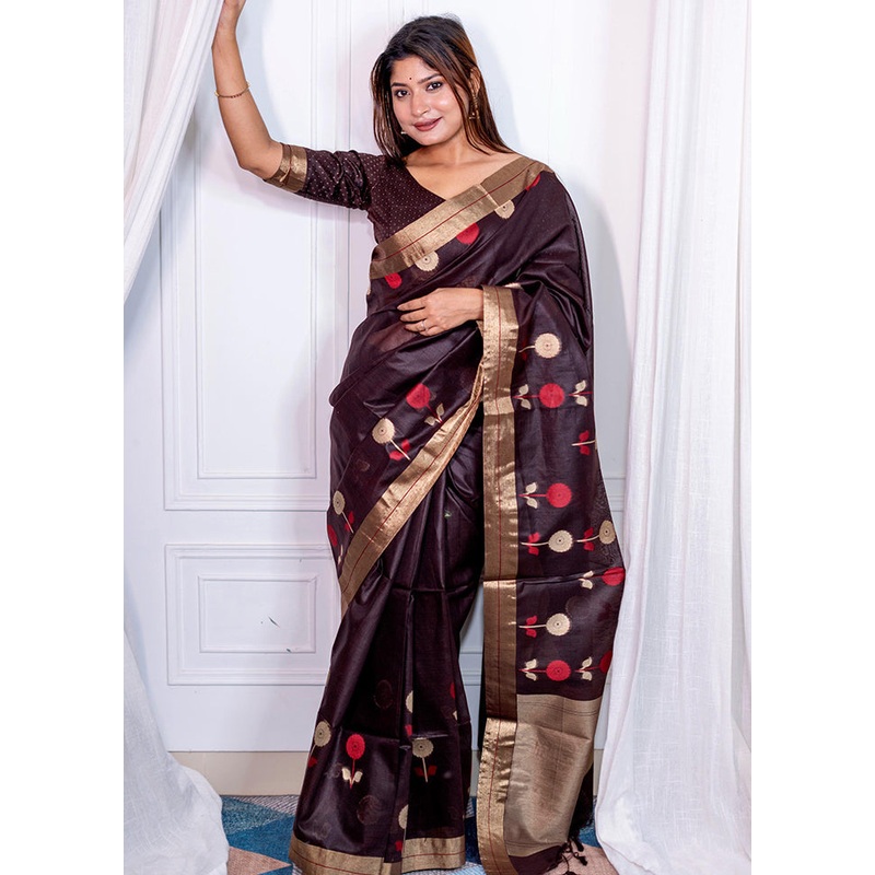 Brown Silk Saree With Blouse Piece - JD986588325