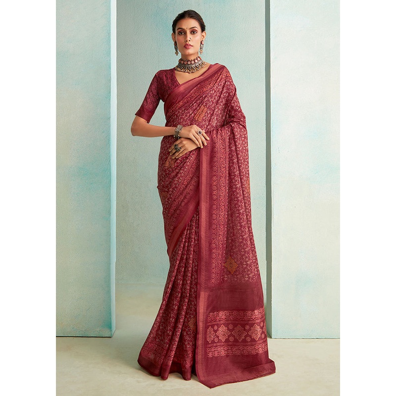 Burgundy Dupion Silk Saree With Blouse Piece - JD986588324
