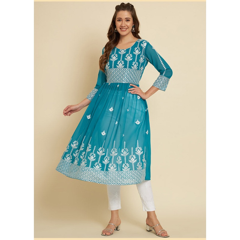 Firoza Georgette Chikankari Long Kurti - JD986588428