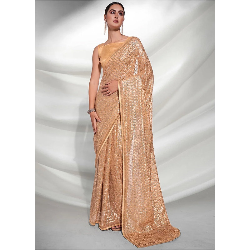 Golden Georgette Saree With Blouse Piece - JD986588319