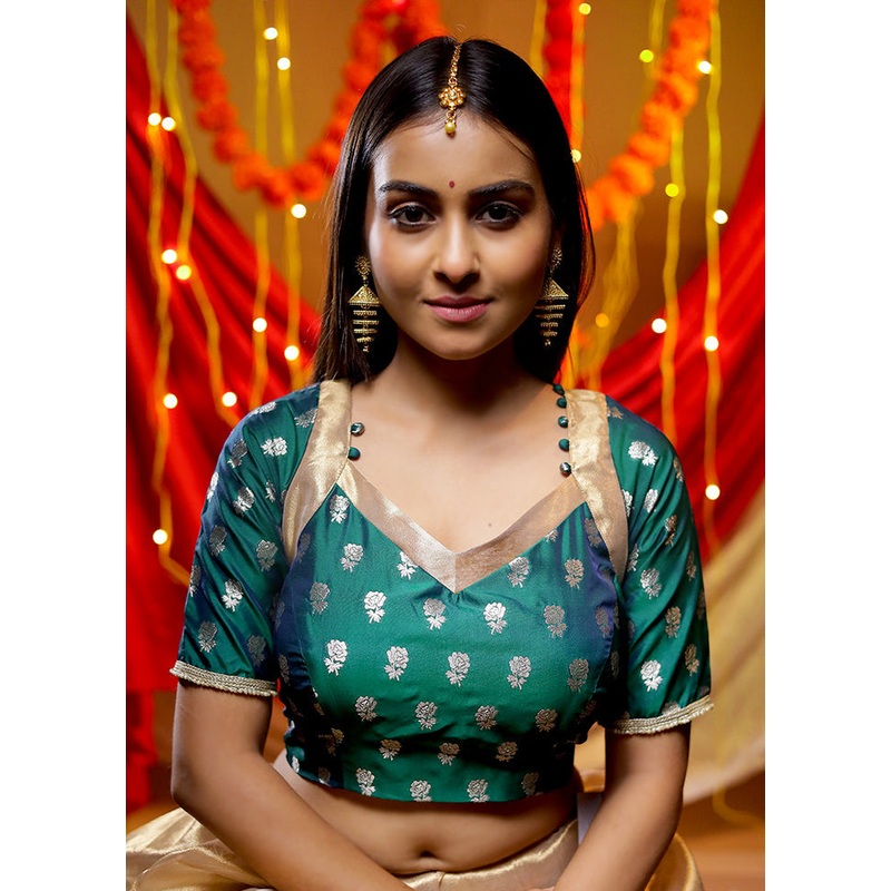 Green Brocade Designer Blouse - JD986588353