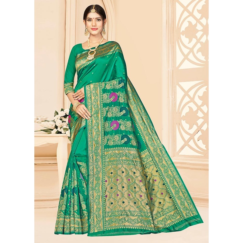 Green Dupion Silk Saree With Blouse Piece - JD986588315