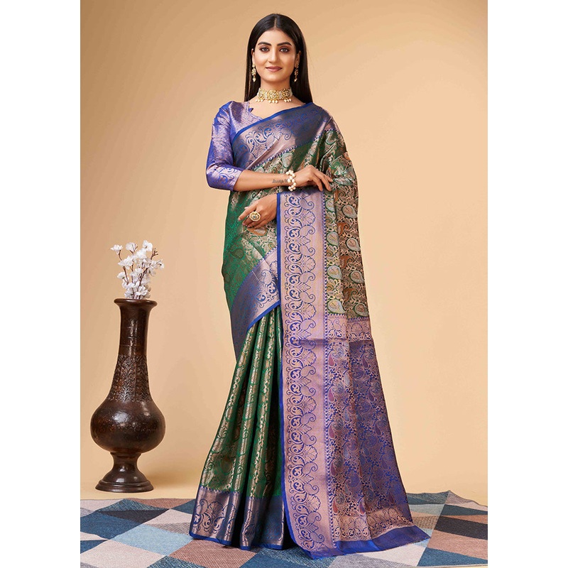 Green Dupion Silk Saree With Blouse Piece - JD986588316