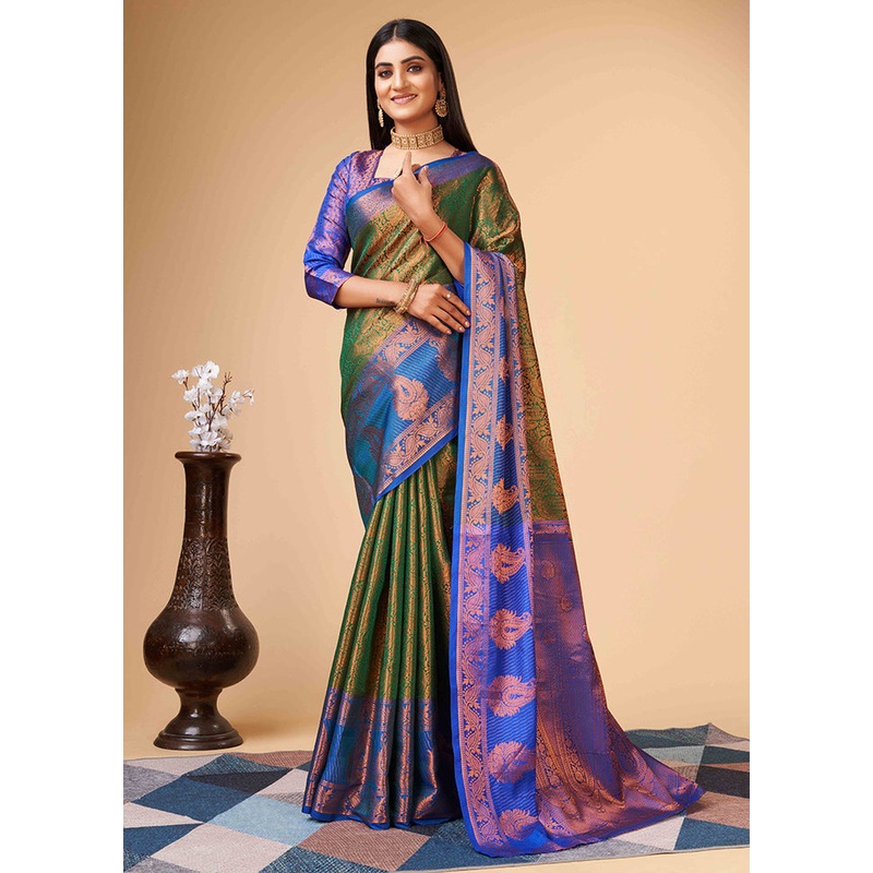 Green Dupion Silk Saree With Blouse Piece - JD986588317