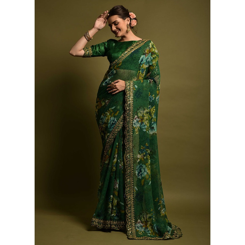 Green Georgette Saree With Blouse Piece - JD986588314