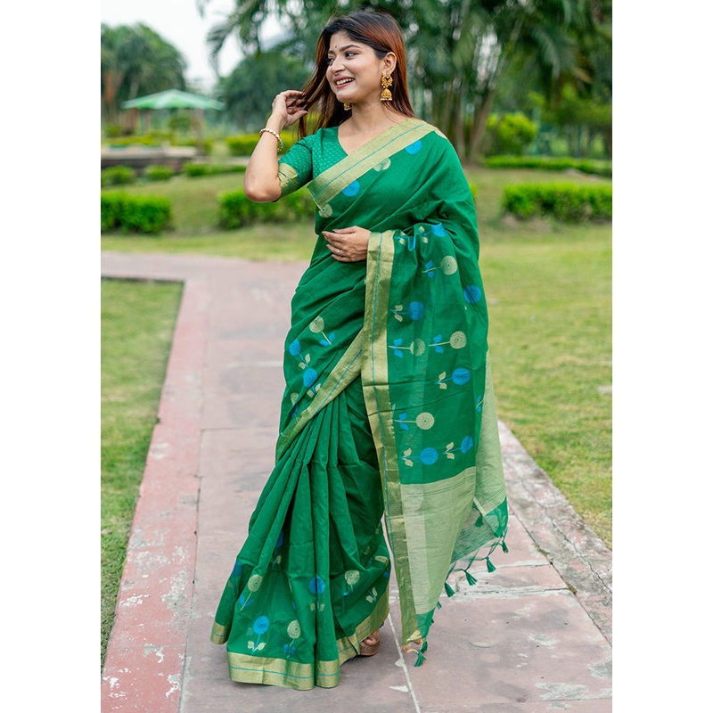 Green Silk Saree With Blouse Piece - JD986588312