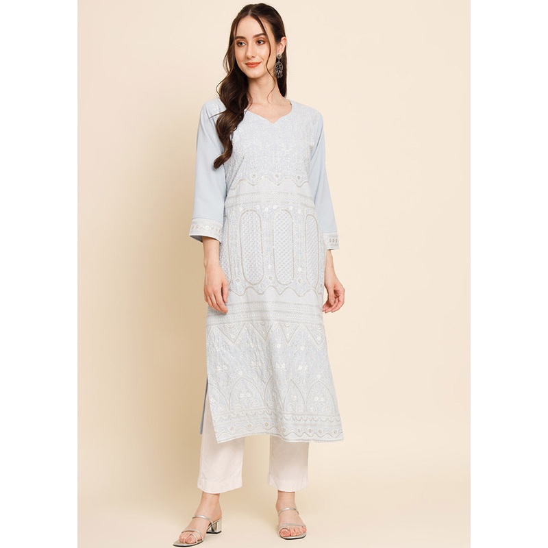 Light Blue Readymade Crepe Chikankari Kurti - JD986588424