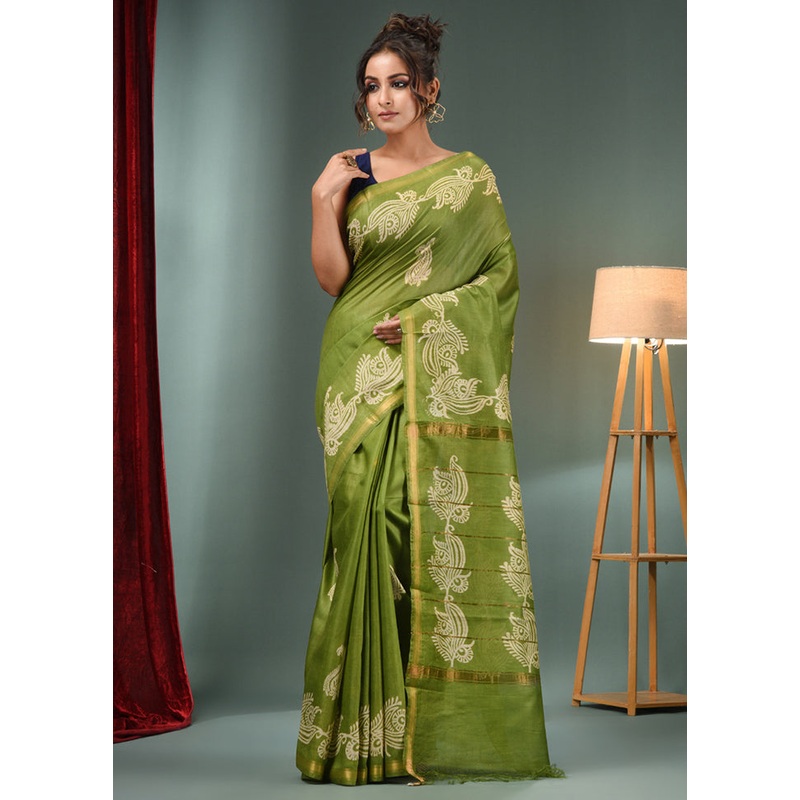 Light Green Dupion Silk Saree With Blouse Piece - JD986588308