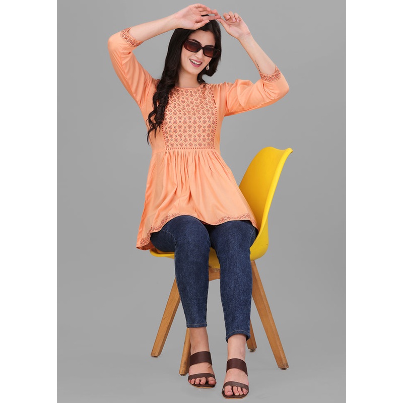 Light Orange Foil Print Readymade Top - JD986588414