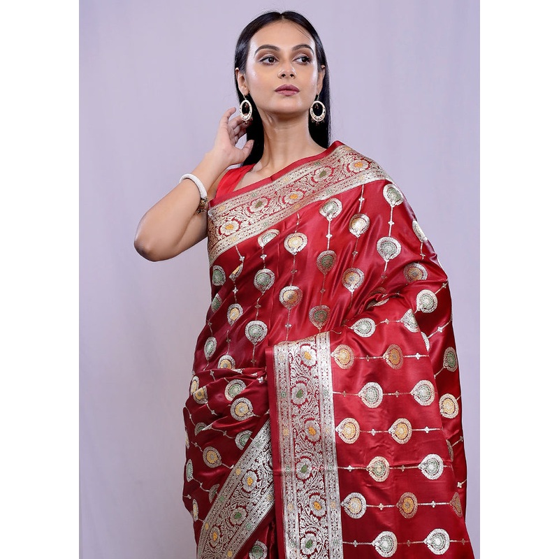 Maroon Banarasi Silk Saree With Blouse Piece - JD986588403