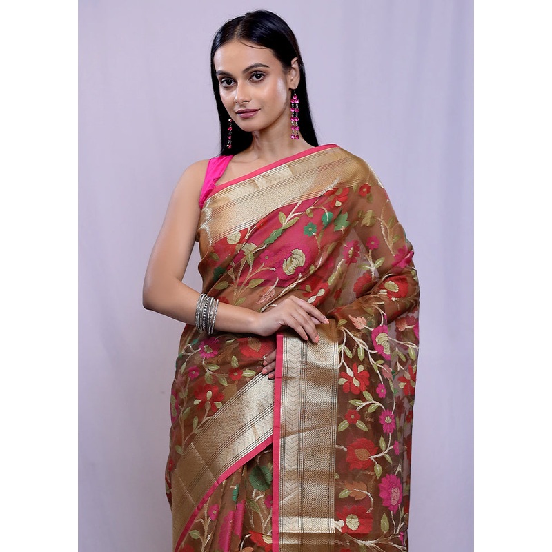 Maroon Organza Saree With Blouse Piece - JD986588402