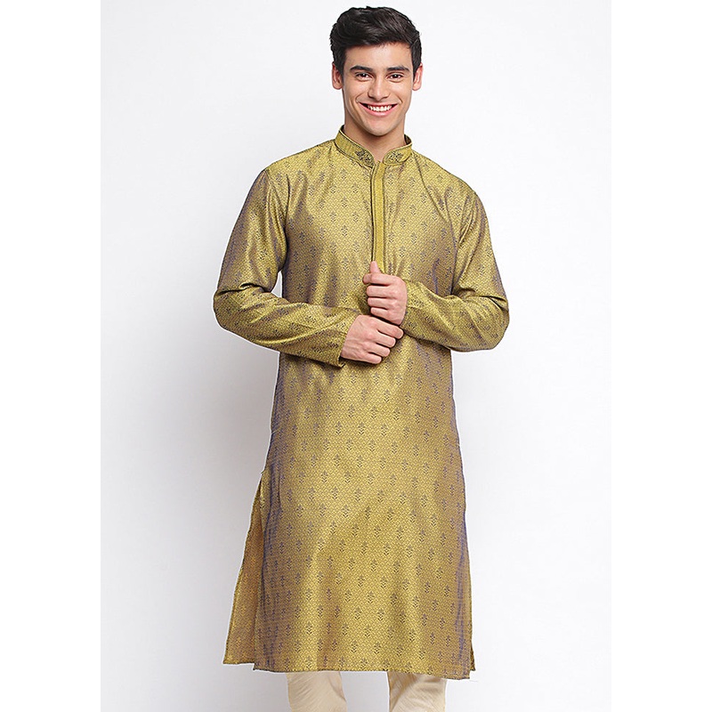 Mehendi Woven Silk Kurta - JD986588408