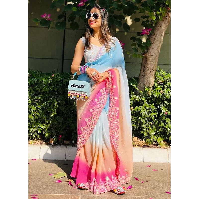 Multicolor Georgette Saree With Blouse Piece - JD986588299