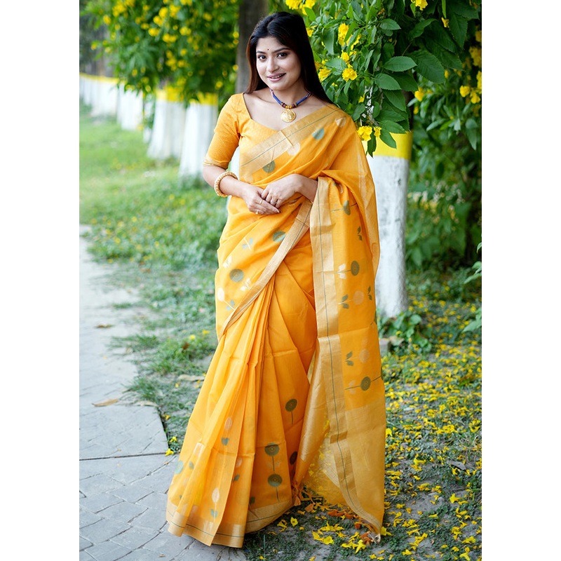 Mustard Silk Saree With Blouse Piece - JD986588293