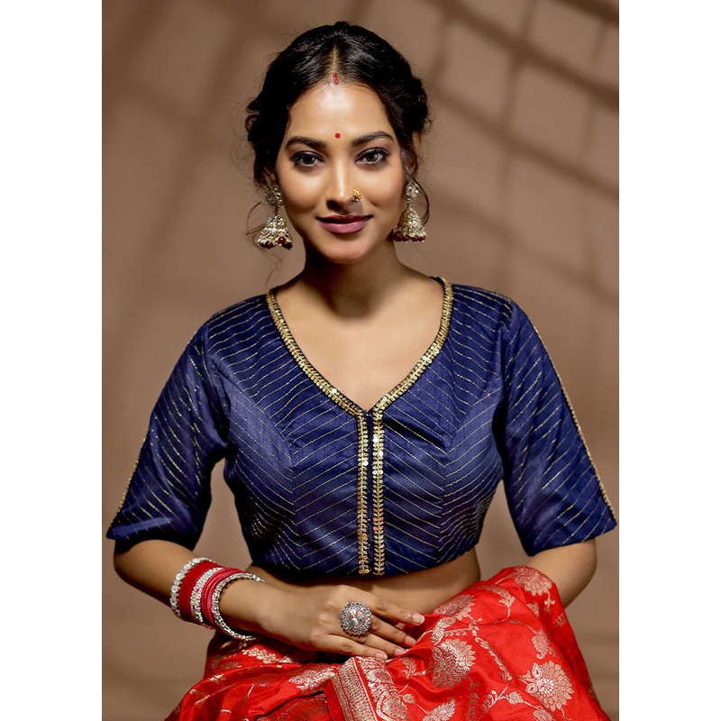 Navy Blue Dupion Silk Designer Blouse - JD986588371