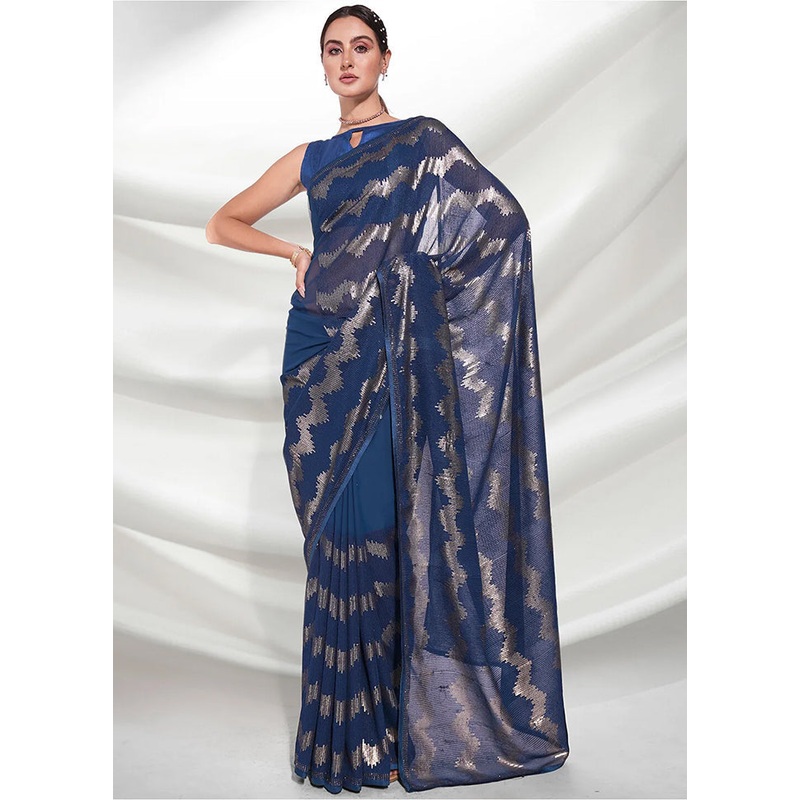 Navy Blue Georgette Saree With Blouse Piece - JD986588290