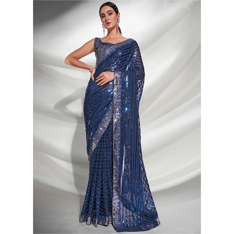 Navy Blue Georgette Saree With Blouse Piece - JD986588291