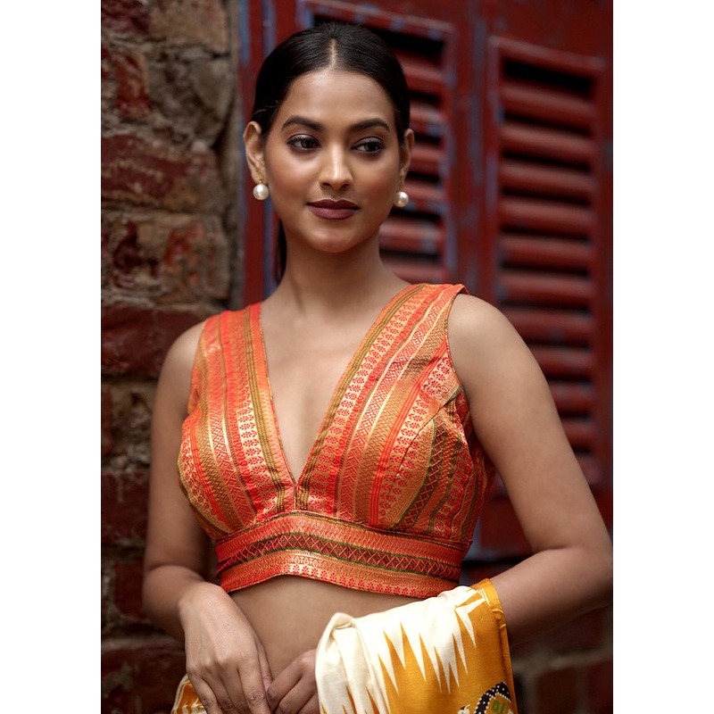 Orange Brocade Designer Blouse - JD986588376