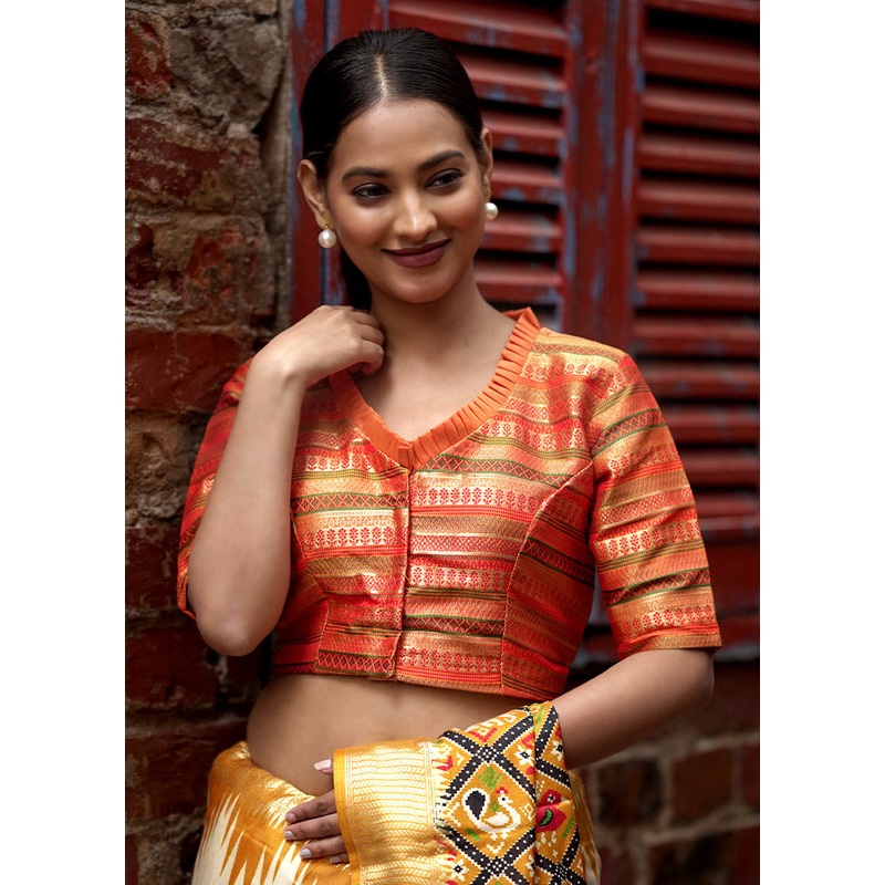 Orange Brocade Designer Blouse - JD986588377