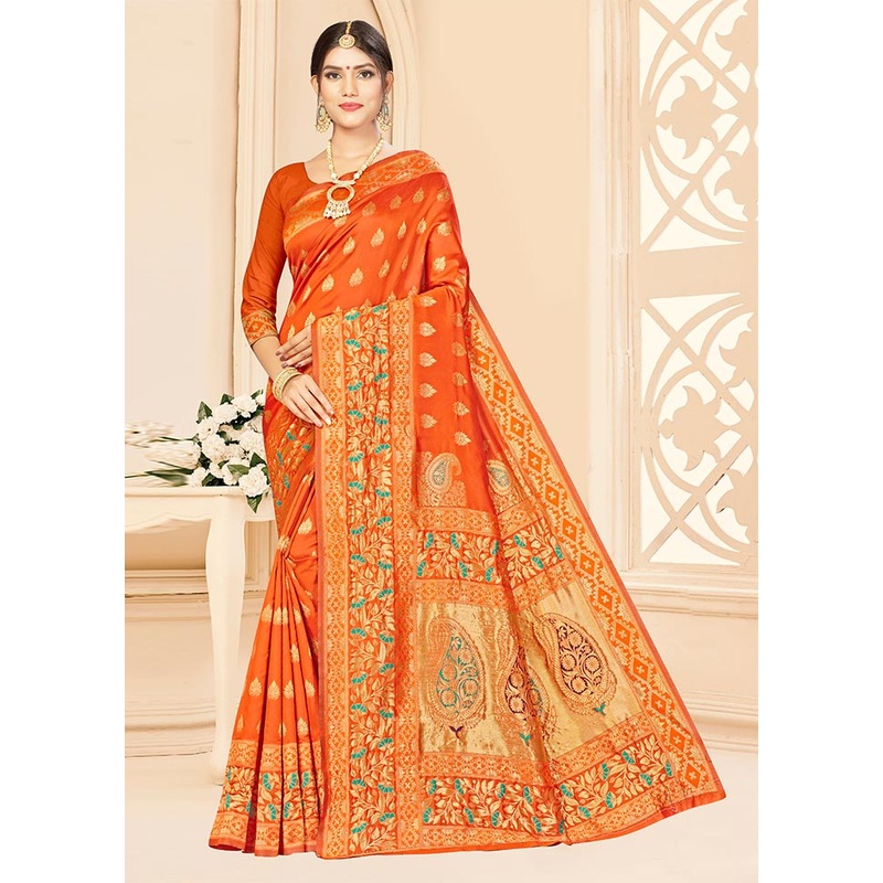 Orange Dupion Silk Saree With Blouse Piece - JD986588285